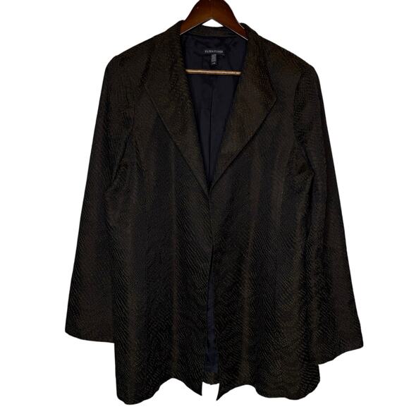 Eileen Fisher Silk Blend Jacquard Open Front Black Jacket size Large - Picture 1 of 6
